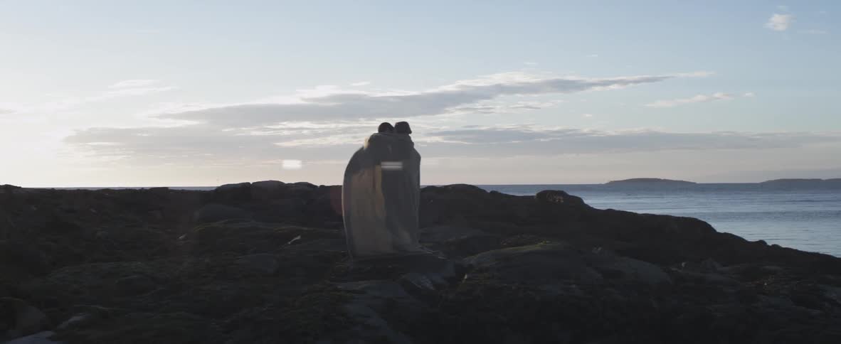 Two people embracing on a cliff