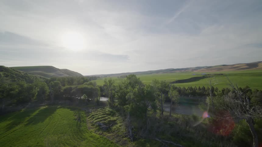 Flying along lush green crops to reveal a fertile farmland river valley