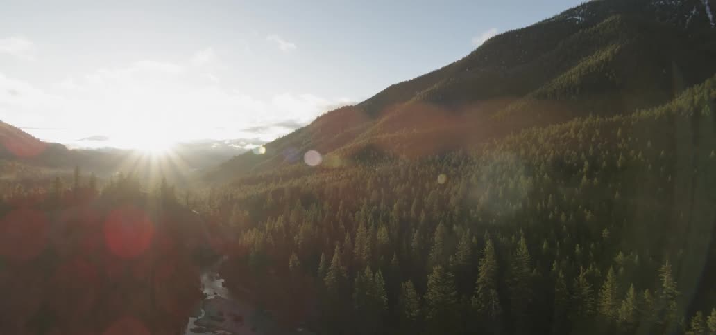 Sun shines over mountains and trees