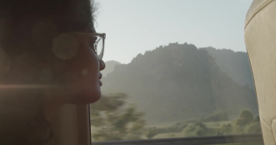 A woman is watching out of a window as she travels on a train in daylight