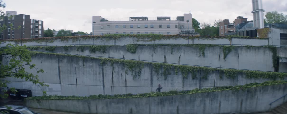 A person is racing up the steps on a cloudy day