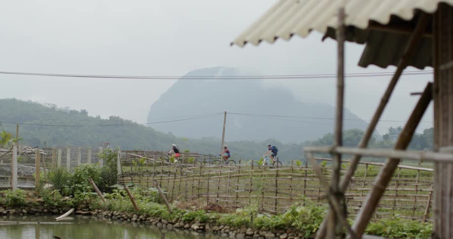 Several people ride bikes through the countryside