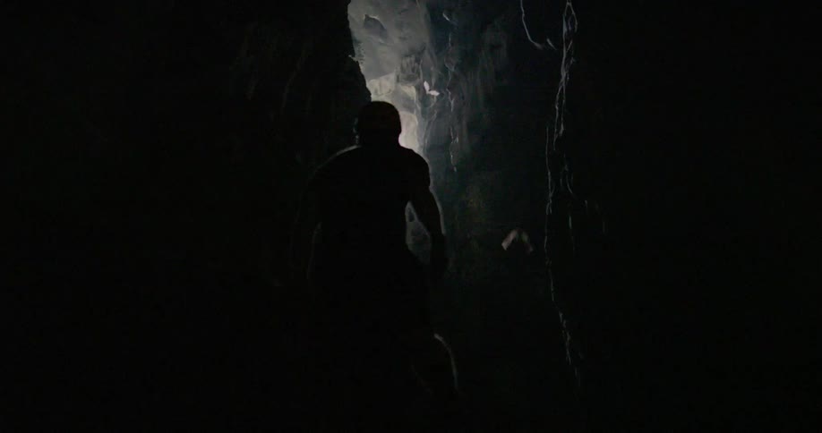 A man stands in a cave as birds fly around