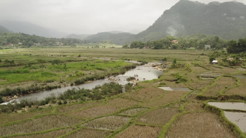 A river is flowing through farmlands in an asian country in daylight