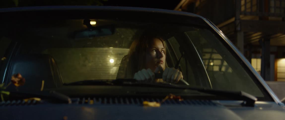 A woman sits in the car at night