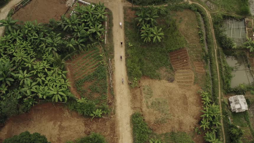 People ride their bikes down the dirt road