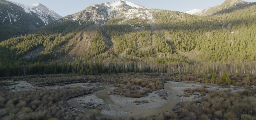 A river flows through a mountain forest