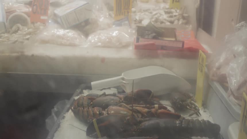 The table inside the store is full of lobsters