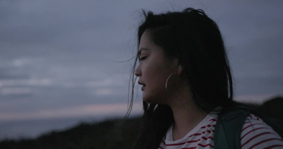 Woman stands on hilltop and gazes into the distance