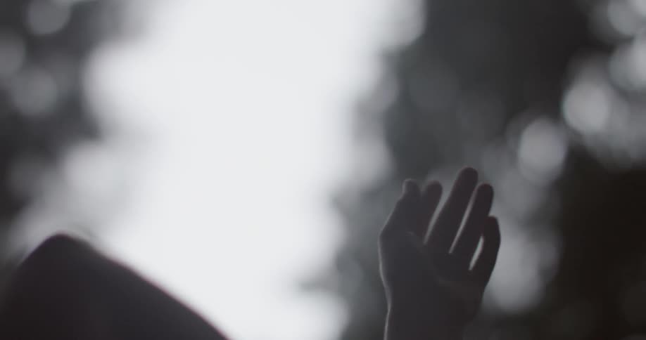 Fingers stroke an arm as leaves fall nearby