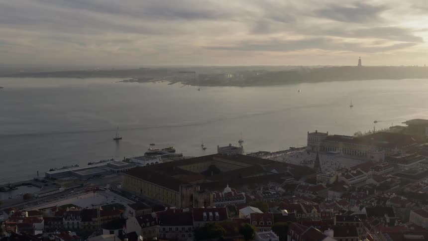 City on a bay at sunset