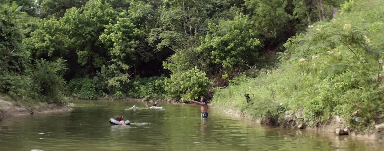 Man stands in a creek as a dog scampers on the grass nearby