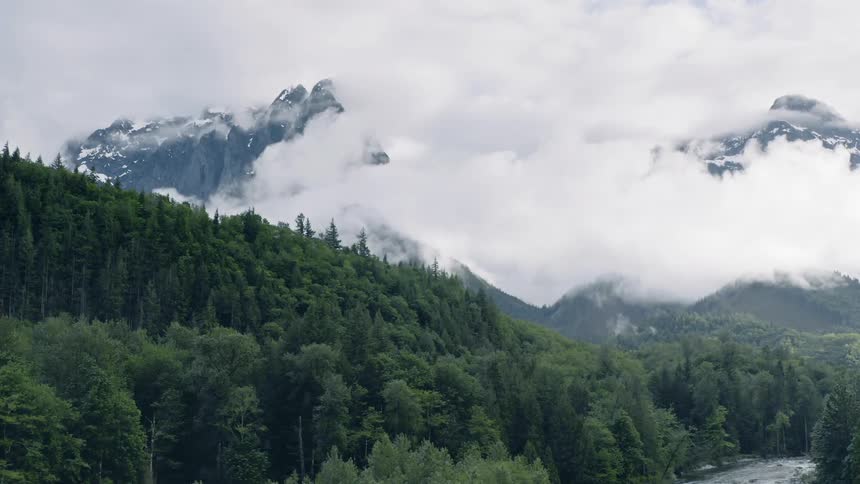 A river flows through a mountain forest - 4K Aerial