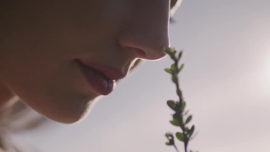 Woman smelling a plant outside on sunny day