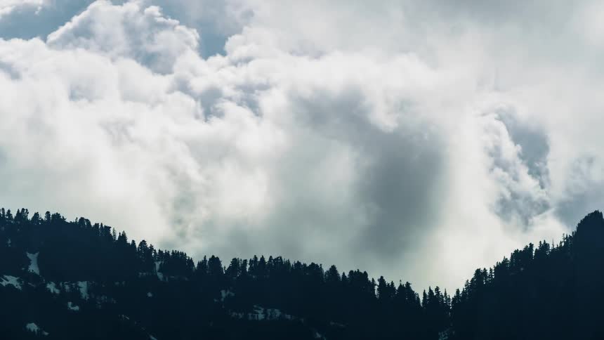 Clouds float over trees in mountains - 4K Time Lapse