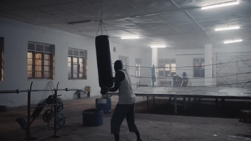 A man hits the heavy bag in an empty gym