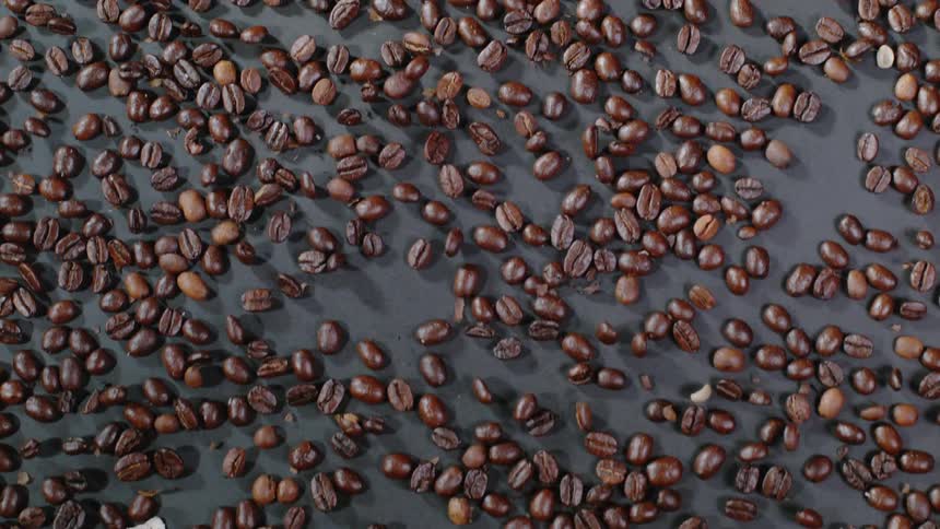 Coffee beans move across a surface