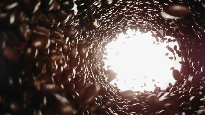 The coffee beans spin in a circle