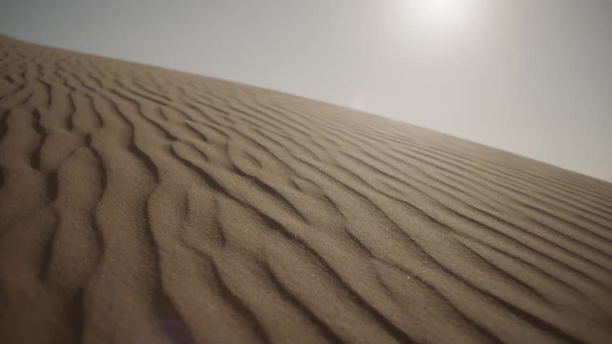 Rippled sand of desert dunes is sparkling in the sun