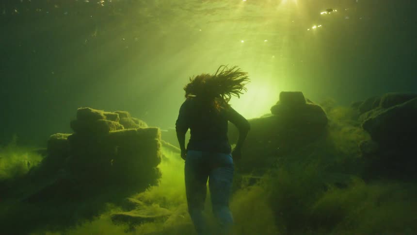 A woman walks slowly under water towards the surface where the sun is shining