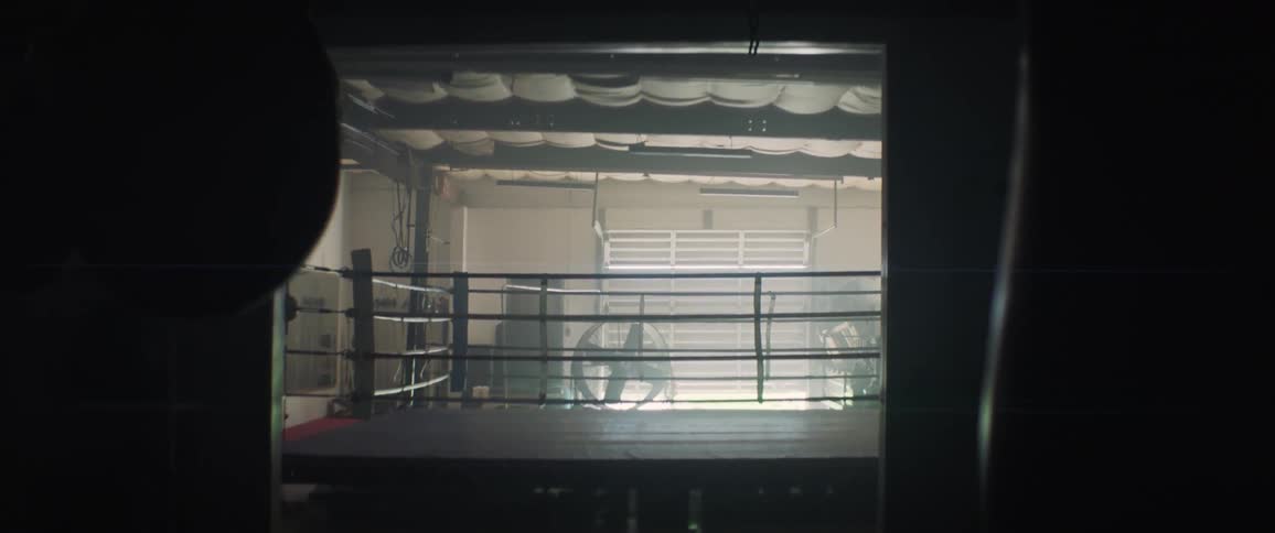 Light shines in a gym and a boxing ring