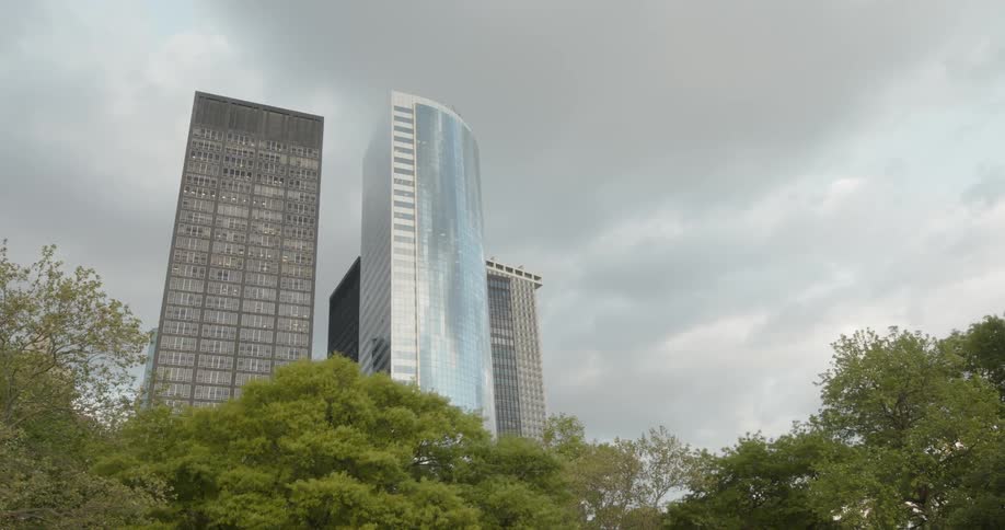 The tall towers are in back of the trees