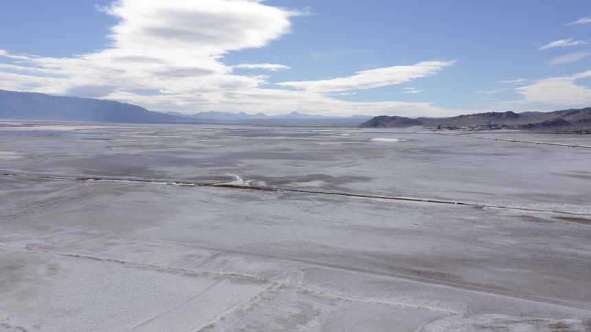 Aerial view of dry lake bed in desert