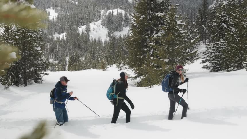 Three people hike with snow sticks through the snow