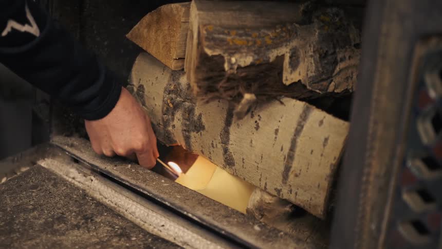A man strikes a match to light the stove