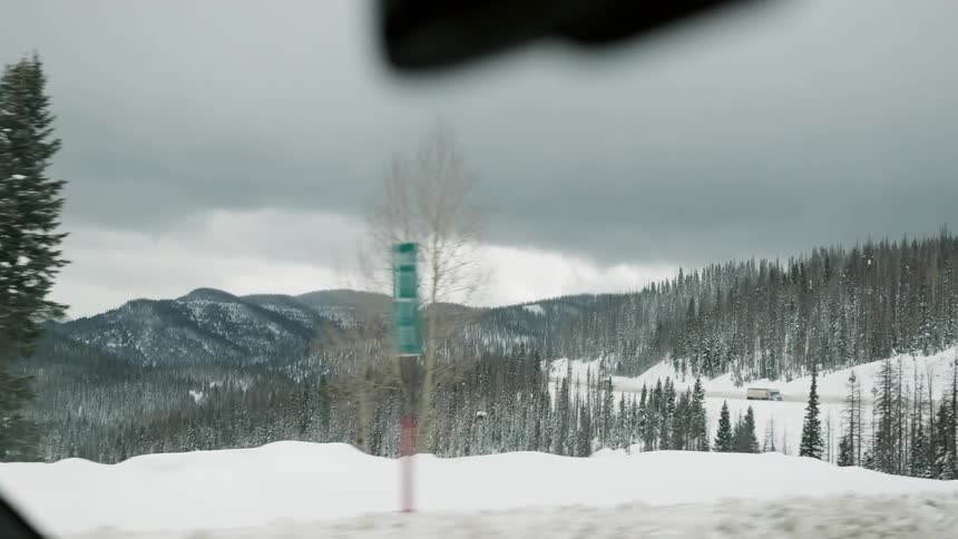 The forest is covered with snow as the car passes