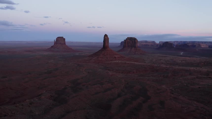 Helicopter aerial of desert landscape during blue hour