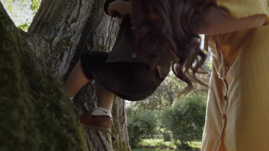 A woman is helping a girl climb a tree in a park on a sunny day
