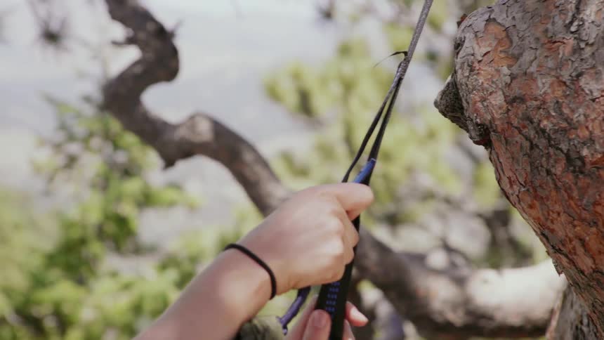 A woman attaches a hammock to a tree