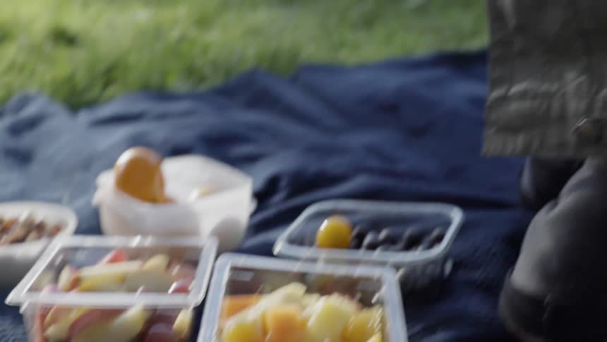 Fresh snacks and fruits packed in containers laid on a picnic blanket.