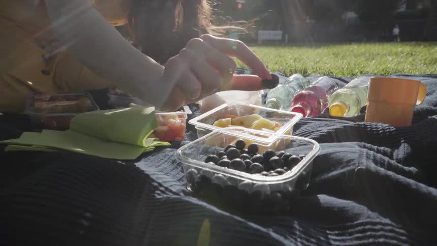 Fresh fruits and snacks served on a picnic blanket during sunny outdoor meal.