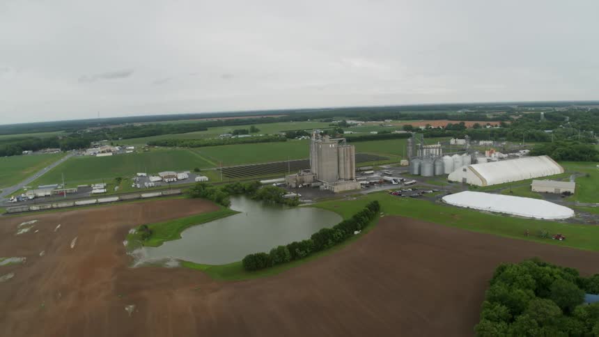 Buildings sit on a rural farm