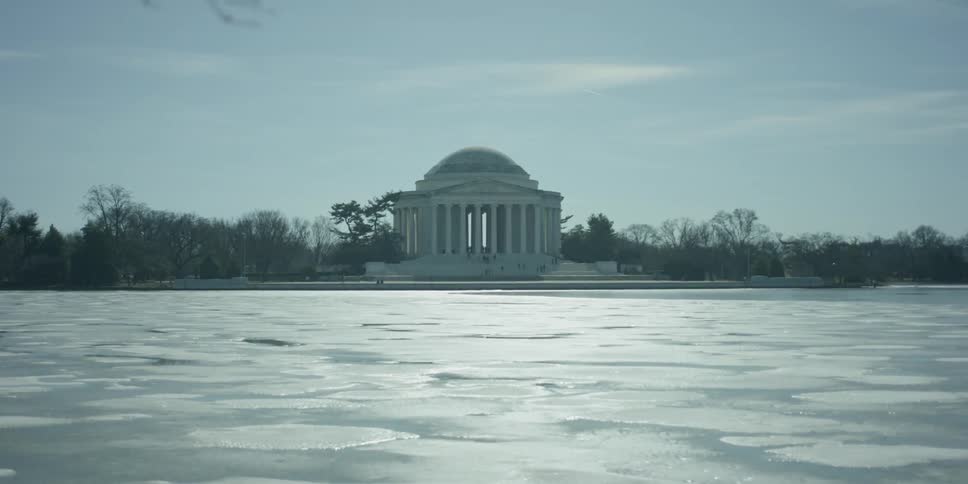 Water is frozen in front of the thomas jefferson memorial