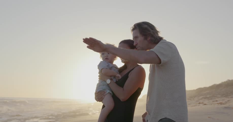 Man woman and child on beach at sunset