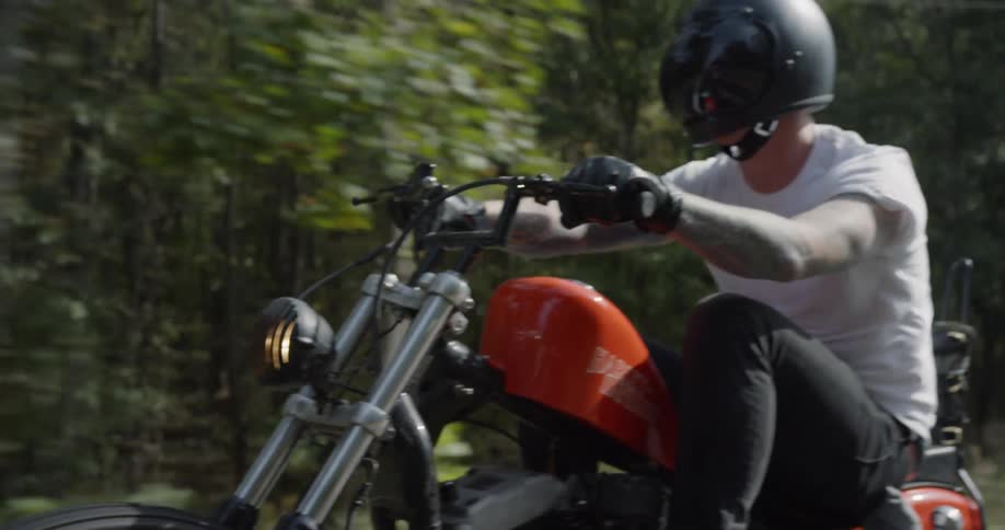 Person drives a motorcycle on a tree lined country road