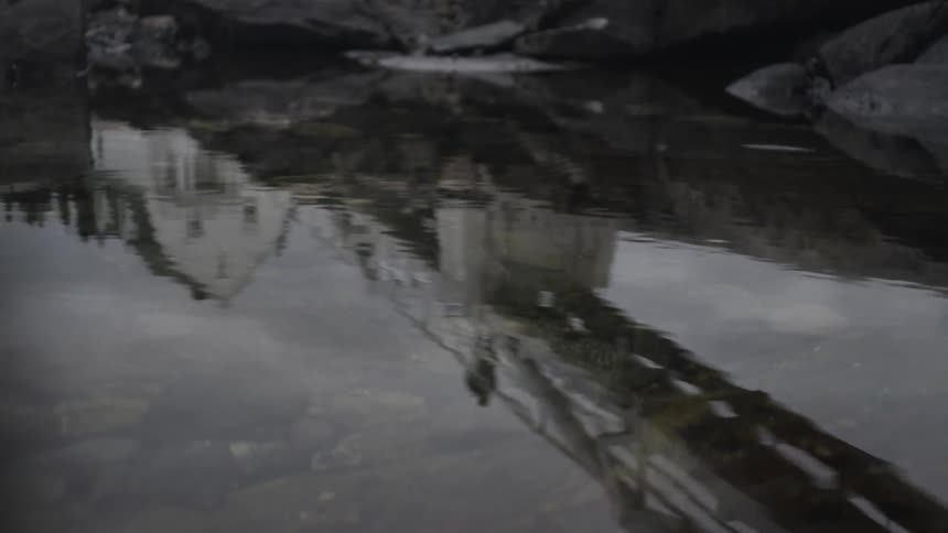 A home and footbridge are reflected in the water below