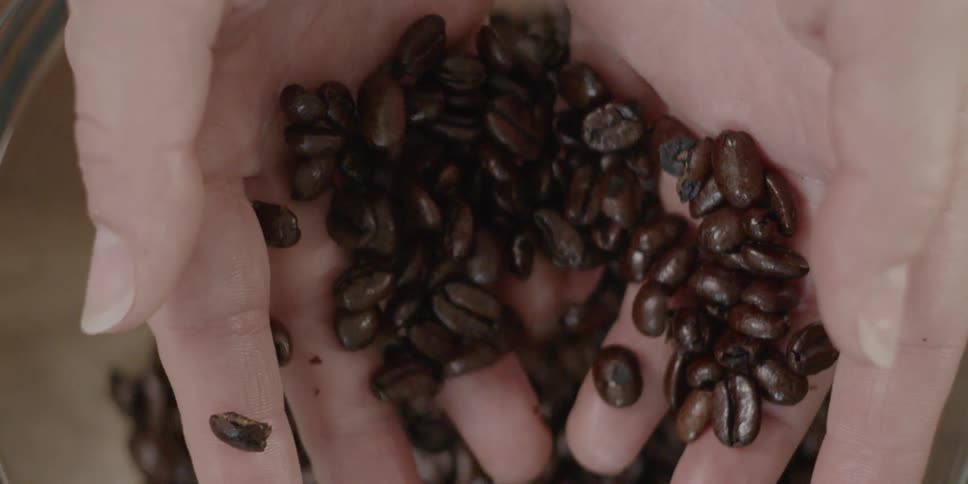 A woman holds coffee beans
