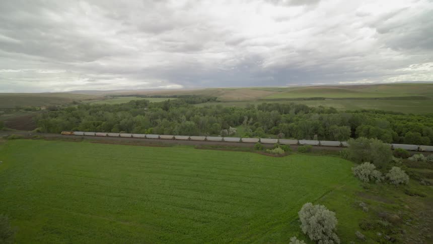 A grain train travels across a green and fertile rural landscape