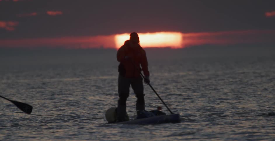 People paddle board on an ocean at sunset