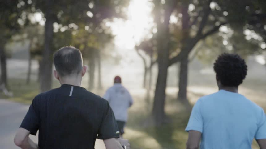Men jog in a park on a sunny day