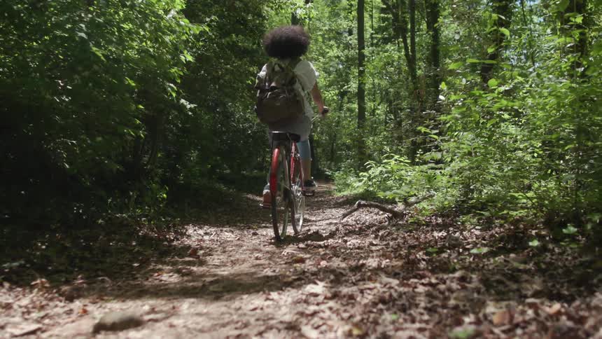 A person is riding their bicycle into the woods