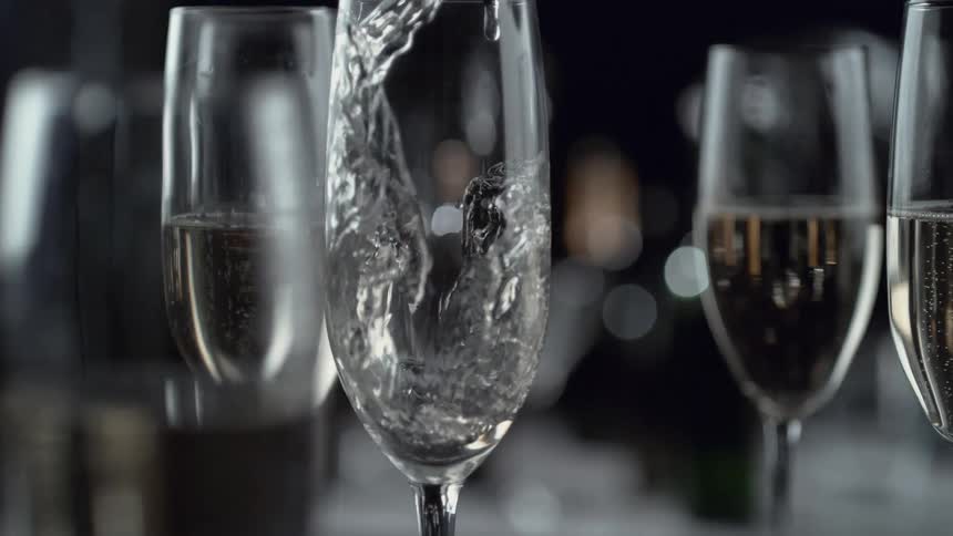 Several glasses filled with liquid and liquid pours into a glass