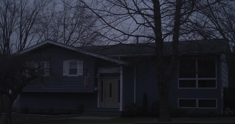 Bare trees surround a house
