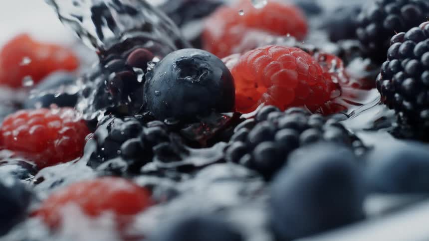 Water splashing onto fresh berries