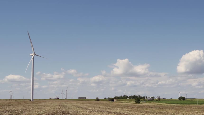 Wind turbines stand in a rural field