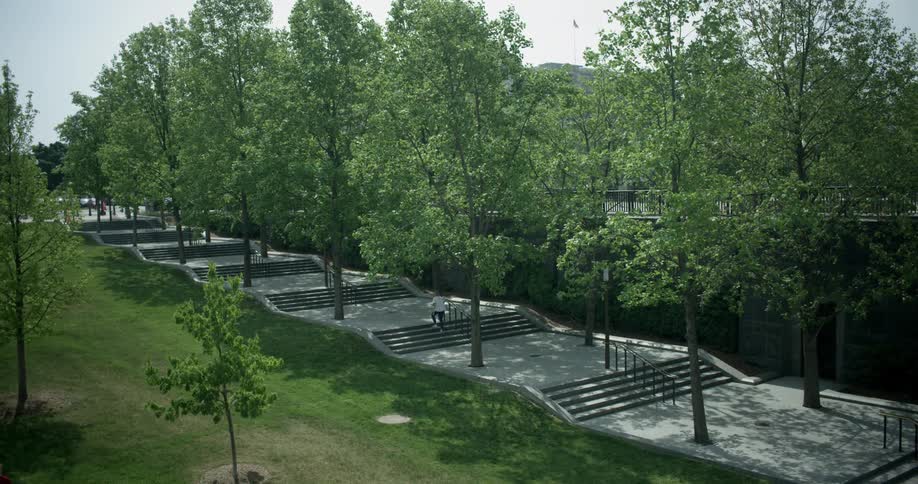 A person climbs the sets of steps near the trees